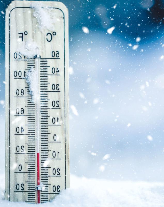 雪中的摄氏和华氏温度计.
